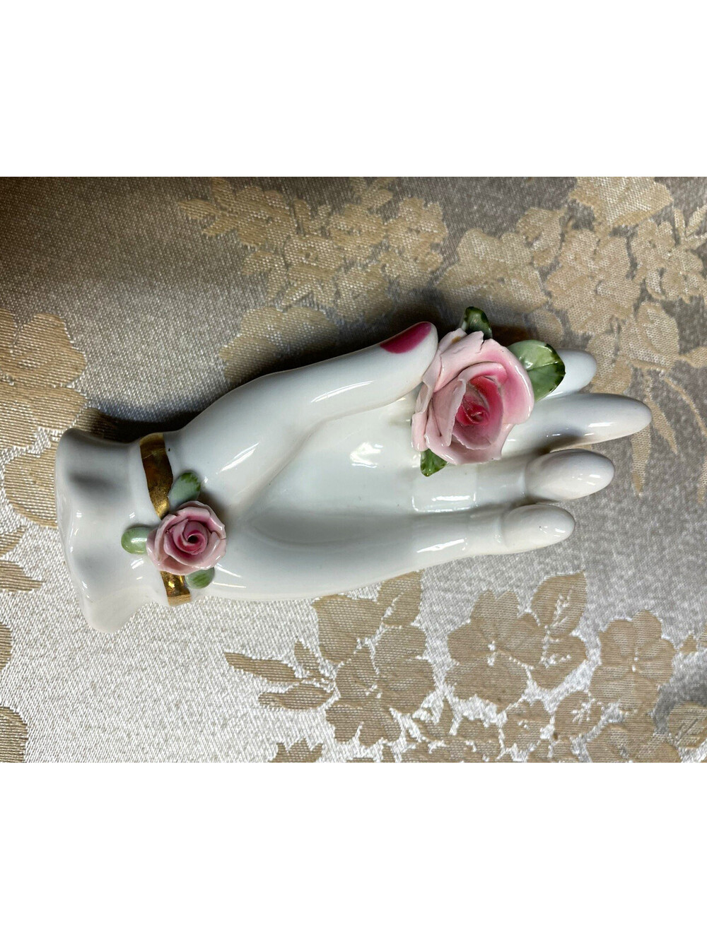 Lefton Hand Painted Ceramic Hand Figurine Pink Rose Gold Accents Japan